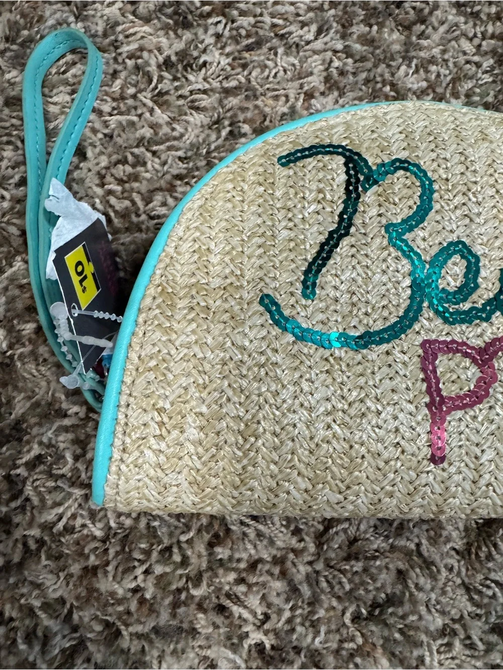 Sequin Straw 'Beach Please' Clutch/wristlet with Teal Trim and Pink Accent-NWT